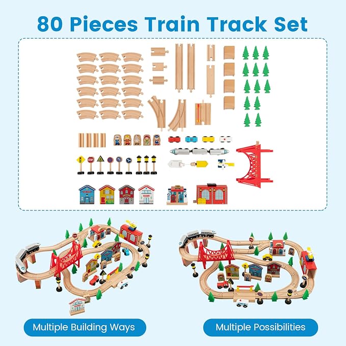Costzon Train Table, 80 Pcs, Wooden Kids Activity Table Playset with Reversible & Detachable Tabletop, Solid Wood Tracks, Train, Railway, City, DIY Design, Gift for Boys & Girls, Multi-Color