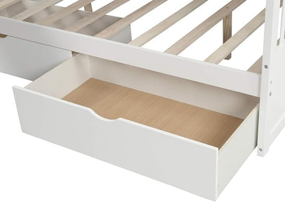 RUNNA Twin Over Full Bunk Bed with Slide,Storage Drawers,Play House, White | Twin over full bunk bed with slide,storage,ladder,play house design,solid wood frame,guardrails,no box spring needed,White