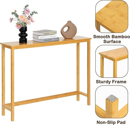 Bamboo Narrow Console Table, 39.4"(L) Wood Small Entryway Table, Accent Slim Hallway Tables, Thin Sofa Side Tables for Hallway, Living Room, Bedroom, Foyer, Burlywood