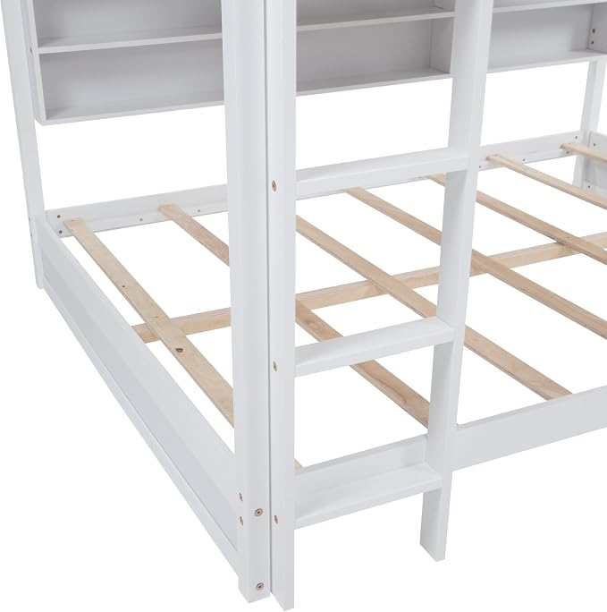 RUNNA Queen Over Queen Bunk Bed with Storage,Charging Station,White | Queen over queen bunk bed with storage cabinets,USB,solid wood frame,guardrails,no box spring needed,space saving, white