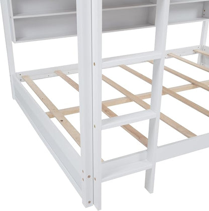 RUNNA Queen Over Queen Bunk Bed with Storage,Charging Station,White | Queen over queen bunk bed with storage cabinets,USB,solid wood frame,guardrails,no box spring needed,space saving, white