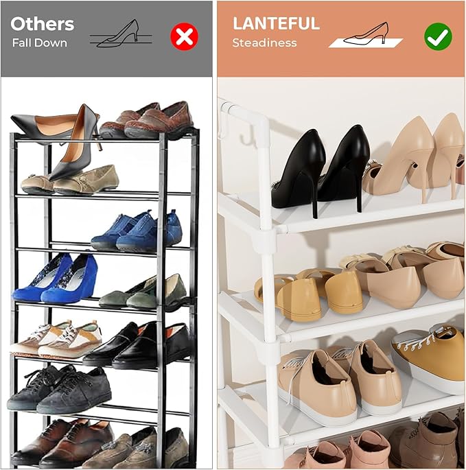 LANTEFUL 4 Tier Shoe Rack for Closet Shoe Organizer with 5 Hooks, Long Shoe Shelf Storage for Shoe and Boot Stackable Free Standing Shoe Rack for Entryway, Garage, Small Spaces, Dorm, White