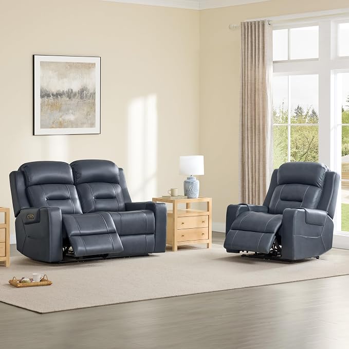 Watson & Whitely Genuine Leather Power Loveseat Recliner Sofa, Lay Flat Loveseat Reclining Sofa with Power Headrest, Cup Holders, USB & Type-C Ports, Dual Recliners for Living Room, Navy Blue