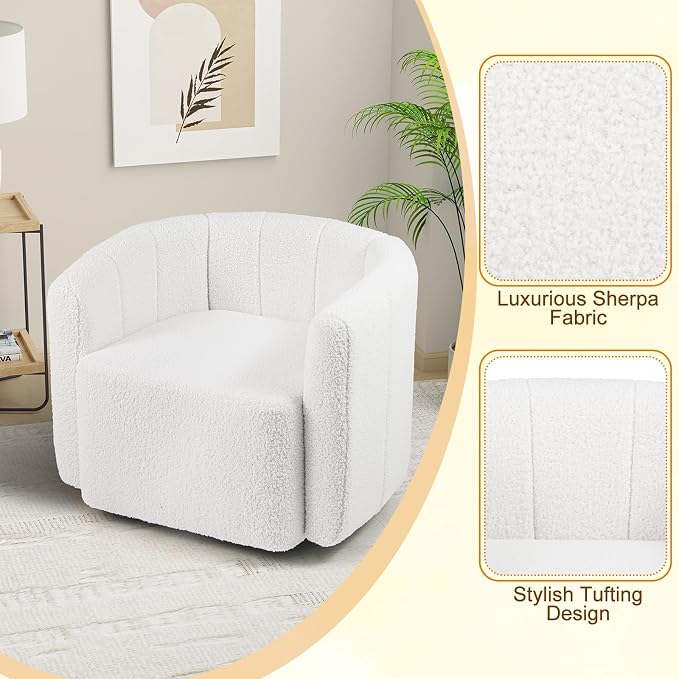 Giantex 360° Swivel Accent Chair - Sherpa Upholstered Boucle Barrel Club Chair with Padded Armrests, Modern Round Arm Chair for Reading, Living Room, Bedroom, Office, White Teddy