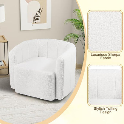 Giantex 360° Swivel Accent Chair - Sherpa Upholstered Boucle Barrel Club Chair with Padded Armrests, Modern Round Arm Chair for Reading, Living Room, Bedroom, Office, White Teddy