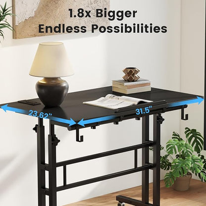 SIDUCAL Portable Standing Desk Adjustable Height, Rolling Computer Desk on Wheels, Mobile Home Office Workstation with USB Ports and Outlets, Laptop Cart for Standing or Sitting, 31.5" x 23.6" Black