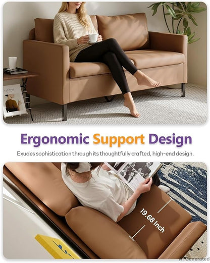 TYBOATLE Modern Faux Leather Small Couches for Small Spaces, Comfy Upholstered Brown Love Seat for Dorm, 2 Seater Mini Couch for Bedroom, Apartment, Office, Brown