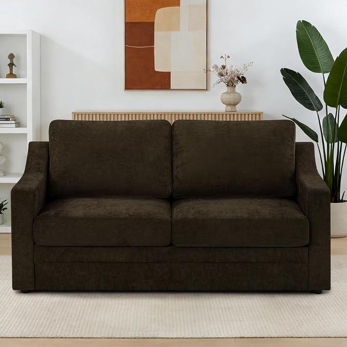 67” Chenille Loveseat Sofa w/Comfortable Back Cushions, Brown | Modern 2-Seat Couch w/Deep Seat Space, Upholstered 2 Seaters Sofa w/High Resiliency Foam for Living Room