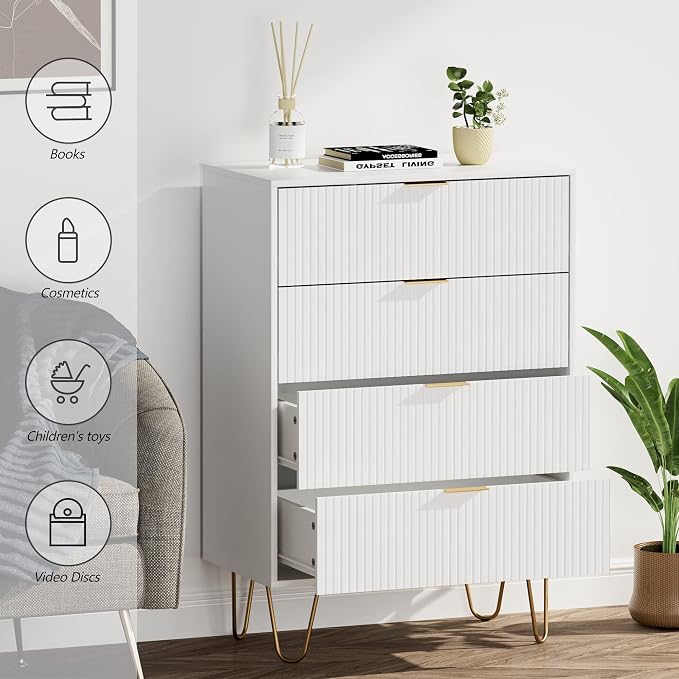 Masupu 4 Drawer Dresser, Drawer Chest, Tall Storage Chest Cabinet Organizer Unit with Metal Legs, Small Dresser for Bedroom, Living Room, Closet, Hallway White Stripe