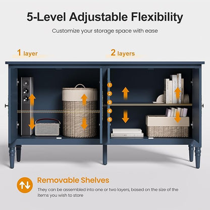 RoyalCraft 118" Buffet Cabinet with Storage, Vintage Sideboard with Adjustable Shelves, Mid Century Modern Painted Credenza Coffee Bar for Kitchen, Dining Room, Entryway, Living Room, Navy Blue