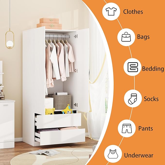 Armoire Wardrobe Closet with Drawers：75" Large White Wardrobe Closet Cabinet with 4 Doors for Hanging Clothes, Modern Wooden Bedroom Armoires with 4 Drawers and Storage (A+A, 63")