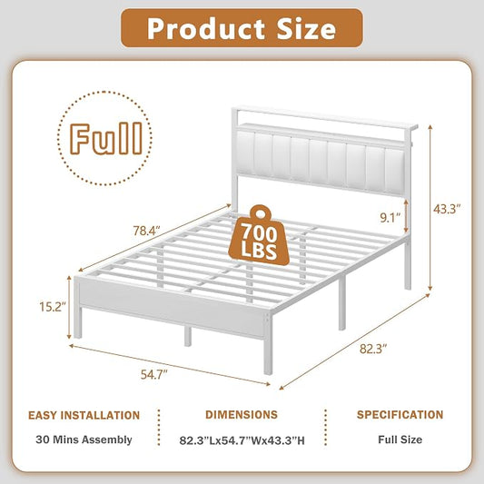 Furnulem White Full Size Bed Frame with Charging Station & Led Lights, PU Leather Upholstered Headboard with 2-Tier Storage Shelves, No Box Spring Needed, Metal Slat Support, Solid and Stable