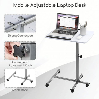 Tangkula Mobile Overbed Table Couch Table, Rolling Angle & Height Adjustable Laptop Stand Cart, Desk with Smooth & Lockable Wheels, Tray Table for Bed Sofa Side Table (White)