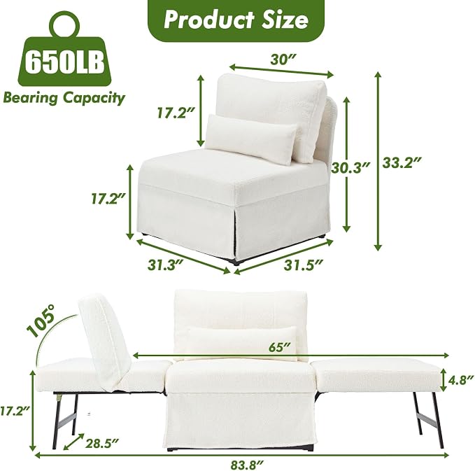 ZZW Sleeper Chair Bed Upgrade 4-in-1 to 5-in-1 Convertible Multi-fuction Sofa Chair w/Adjustable Backrest Assembly-Free Linen Folding Sofa Ottoman Bed for Living Room Apartment (Wool White)