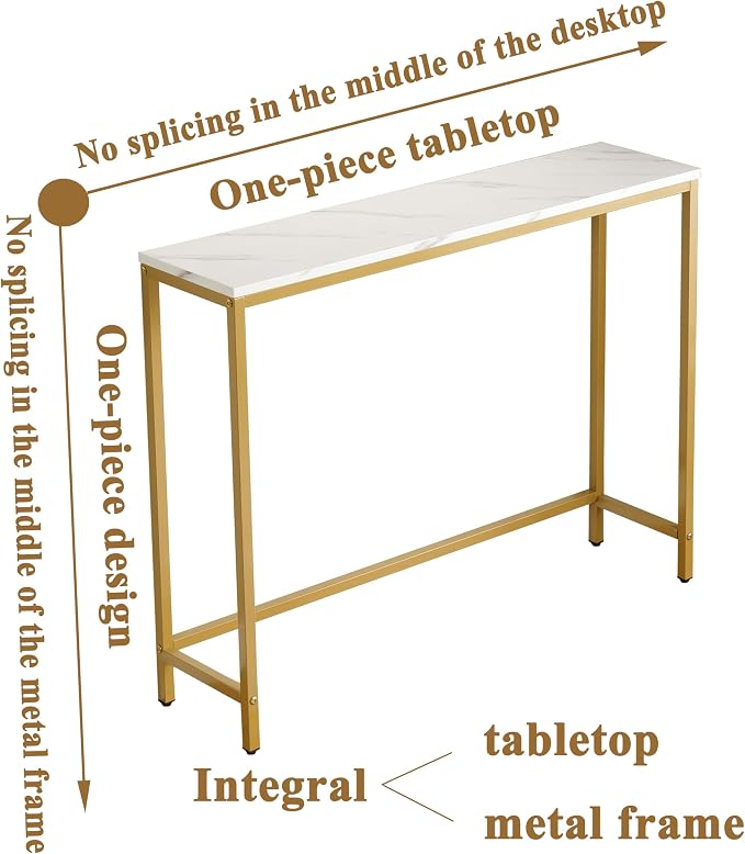 loglus Small Console Table for Entryway, Faux Marble MDF Sofa Table with Golden Frame, Single Layer, White Marble, 9.45" D x 38.19" W x 30" H
