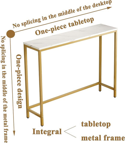 loglus Small Console Table for Entryway, Faux Marble MDF Sofa Table with Golden Frame, Single Layer, White Marble, 9.45" D x 38.19" W x 30" H