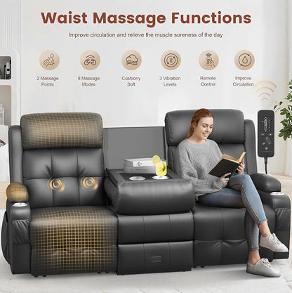 Loveseat Recliner, 3 Seater Massage Reclining Sofa Sets Heavy Weight Capacity, RV Loveseat Couch Clearance with Drop Down Table, Storage, Cup Holders, Wall Hugger Reclining Couch for Living Room