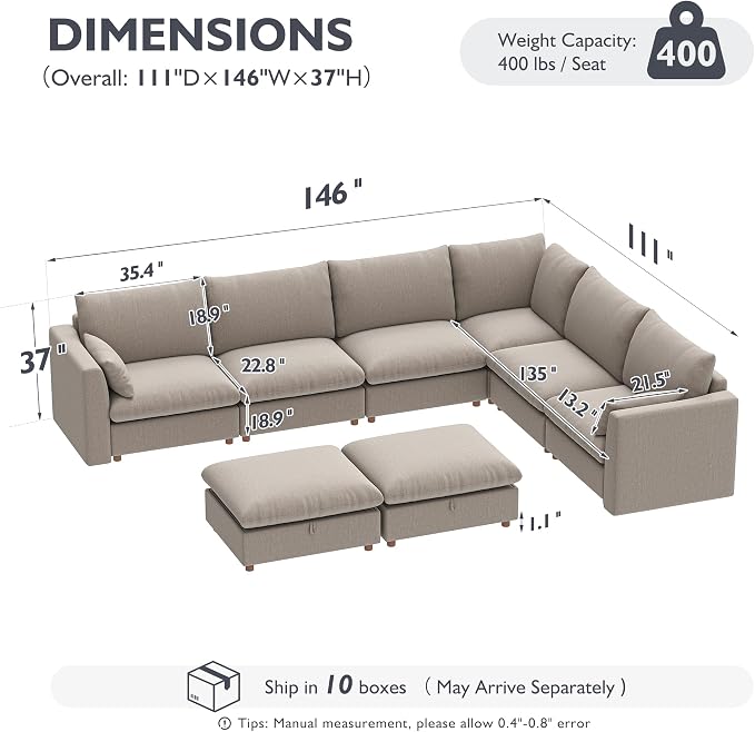 Ihanherry 146" Oversized Modular Sectional Sofa, Modern V Shaped Cloud Couch with 2 Storage Ottoman, 8-Seat Comfy Chenille Deep Seat Sofa with 2 Pillows for Living Room, Khaki