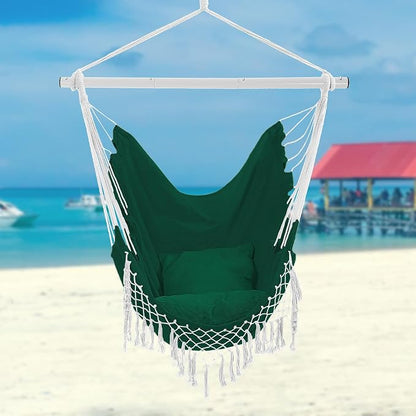 Hammock Chair, Hanging Rope Swing Seat with 2 Cushions,Macrame Hanging Chair Side Pocket with High Load-Bearing Metal Rod,for Indoor, Outdoor, Extra Comfortable (Green)