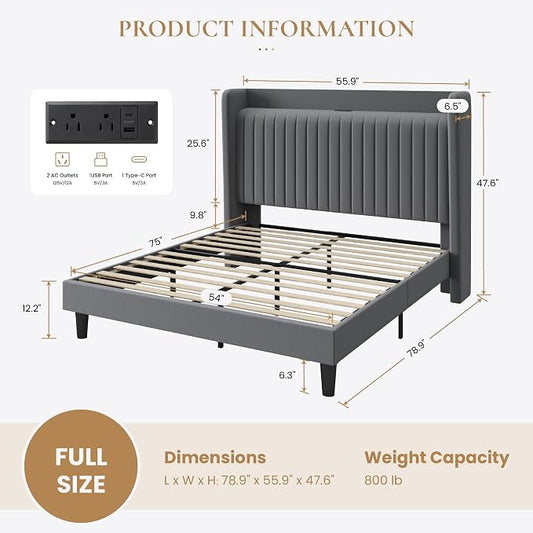 SHA CERLIN Full Size Velvet Bed Frame with USB Charging Station, Wingback Storage Headboard, Upholstered Platform Bed with Wooden Slats Support, No Box Spring Needed, Easy Assembly, Grey