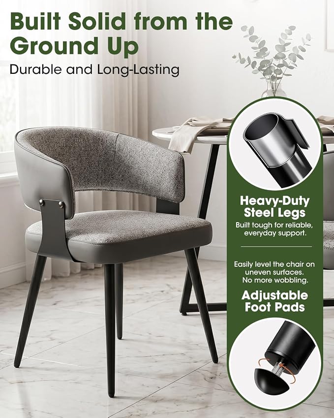 Dining Chairs Set of 2, Modern Upholstered Kitchen & Dining Room Chairs with Breathable Woven Fabric and Faux Leather Accents, Curved Open Back & Metal Legs (Gray Woven, Set of 2)
