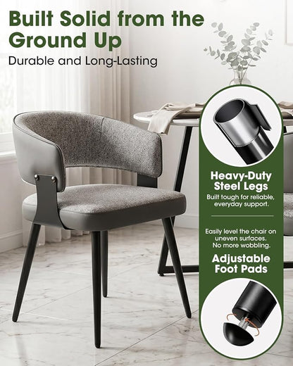 Dining Chairs Set of 2, Modern Upholstered Kitchen & Dining Room Chairs with Breathable Woven Fabric and Faux Leather Accents, Curved Open Back & Metal Legs (Gray Woven, Set of 2)