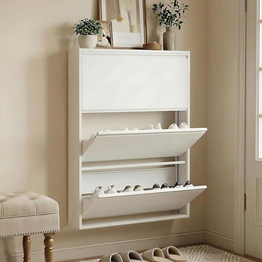 Shoe Cabinet with 3 Flip Drawers, Slim Metal Wall-Mounted Shoe Storage Organizer for Entryway, Hallway, Mudroom, Hidden Narrow Rack, White