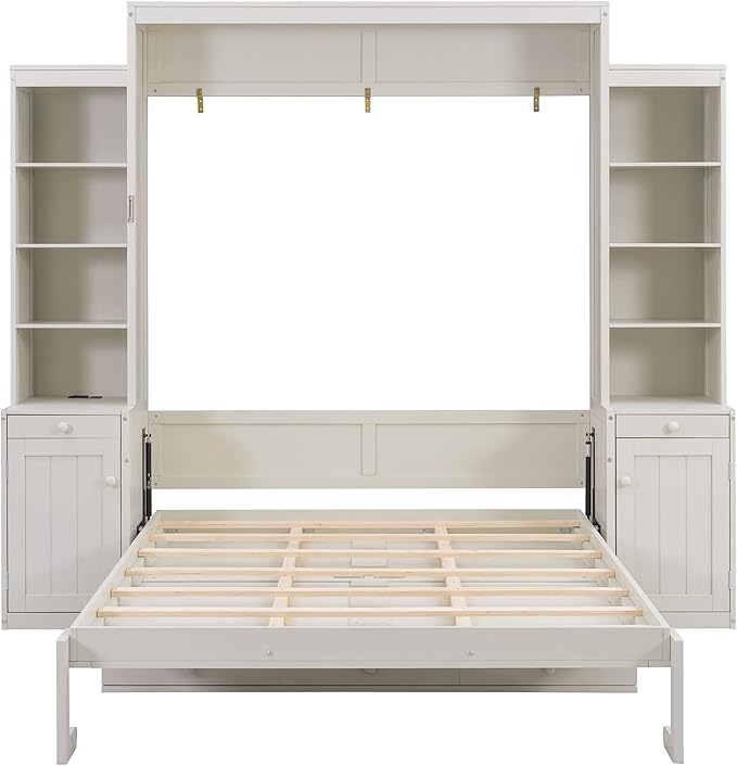 Merax Queen Size Murphy Bed with Desk and Lights, Power Outlet, Foldable Murphy Cabinet Bed with Open Storage Shelves & Drawers, Wood Space-Saving Hidden Wall Bed for Guest Room Office, Antique White