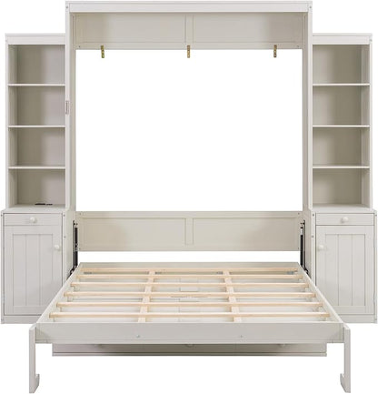 Merax Queen Size Murphy Bed with Desk and Lights, Power Outlet, Foldable Murphy Cabinet Bed with Open Storage Shelves & Drawers, Wood Space-Saving Hidden Wall Bed for Guest Room Office, Antique White