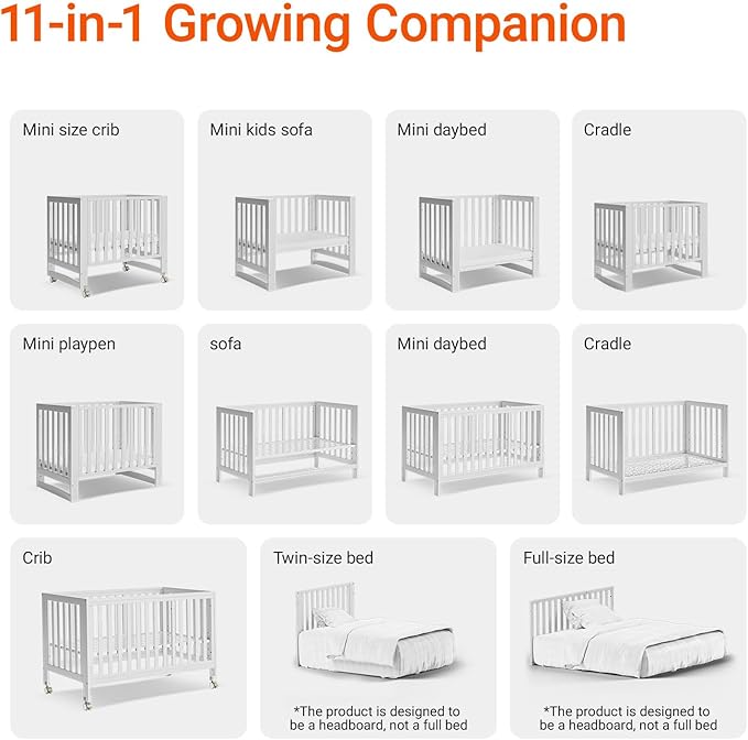 MAMAZING EvoNest Baby Crib, 11 in 1 Convertible Crib with Wheels, 100% New Zealand Wood Growing Bed, Full Size Crib for Baby, 4 Adjustable Mattress Height, White
