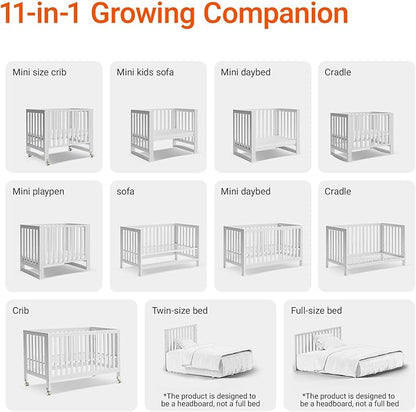 MAMAZING EvoNest Baby Crib, 11 in 1 Convertible Crib with Wheels, 100% New Zealand Wood Growing Bed, Full Size Crib for Baby, 4 Adjustable Mattress Height, White