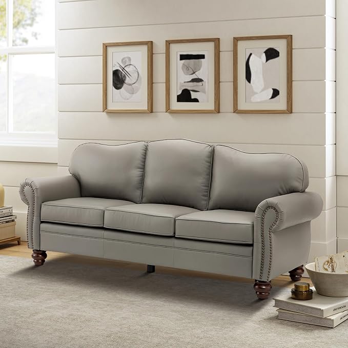 81" Genuine Leather Sofa, Classic 3-Seater Couchs with Wood Legs, Stylish & Comfortable Sofa for Living Room or Office, Easy Assembly and Maintain & Long-Lasting, Grey