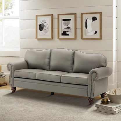 81" Genuine Leather Sofa, Classic 3-Seater Couchs with Wood Legs, Stylish & Comfortable Sofa for Living Room or Office, Easy Assembly and Maintain & Long-Lasting, Grey