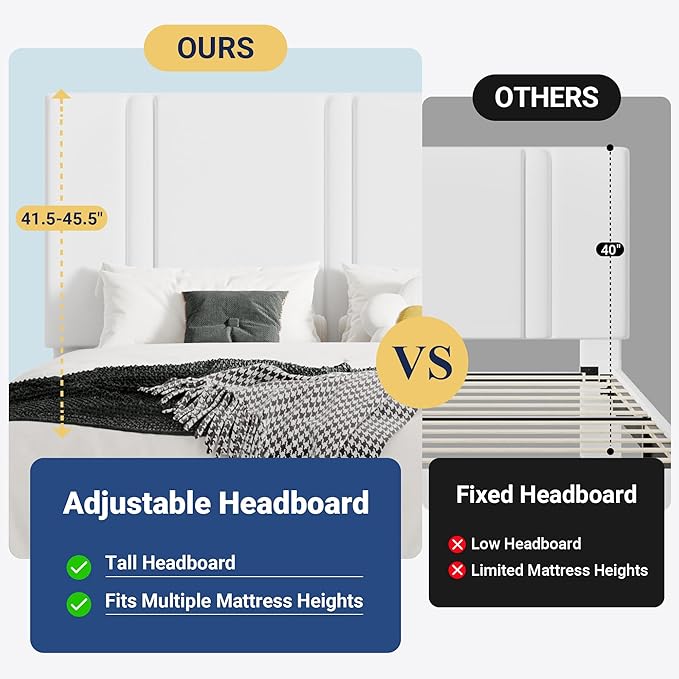 Allewie King Size Platform Bed Frame with Adjustable Headboard, Plush Velvet Upholstered, Vertical Channel Tufted, Sturdy Wooden Slats, No Box Spring Needed, Easy Assembly, White