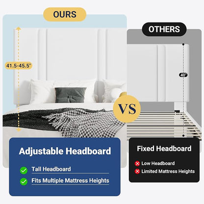 Allewie Full Size Platform Bed Frame with Adjustable Headboard, Plush Velvet Upholstered, Vertical Channel Tufted, Sturdy Wooden Slats, No Box Spring Needed, Easy Assembly, White