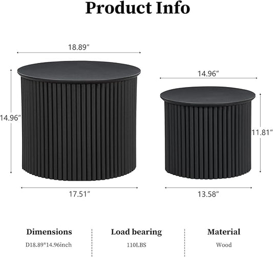 AVZEAR Round Nesting Coffee Table Set of 2, Small Fluted Coffee Table Circle Side Table, Mid Century Modern Wood Nesting Tables Farmhouse End Table Set for Living Room, Bedroom, Small Spaces(Black)