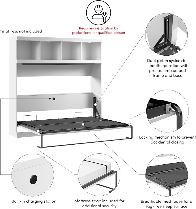 Bestar Queen Size Horizontal Murphy Bed with Storage and Charging Station, 80-inch, for Bedroom or Guestroom, Pur Collection, Modern, White