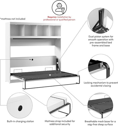 Bestar Queen Size Horizontal Murphy Bed with Storage and Charging Station, 80-inch, for Bedroom or Guestroom, Pur Collection, Modern, White