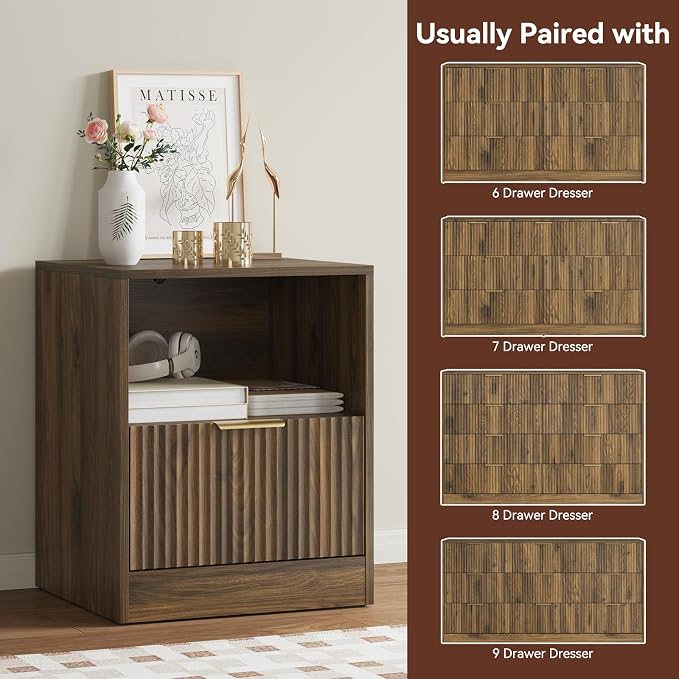 6 Drawer Dresser & Nightstand Set 3-Piece, 55” Wide Bedroom Set Night Stand Set of 2 with Metal Handle, Fluted Modern Wood Chest of Drawers Storage Dressers Set for Bedroom, Walnut