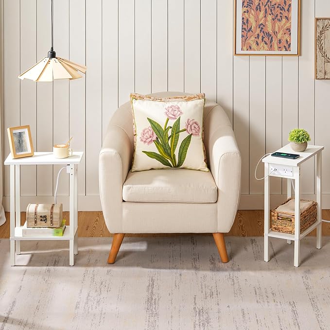 HOOBRO Narrow Side Table, 2-Tier Slim End Table with Charging Station, Skinny Nightstand with Open Storage, for Small Spaces, Living Room, Bedroom, Study, White WT240UBZ01