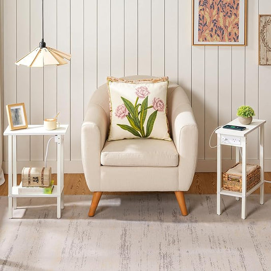 HOOBRO Narrow Side Table, 2-Tier Slim End Table with Charging Station, Skinny Nightstand with Open Storage, for Small Spaces, Living Room, Bedroom, Study, White WT240UBZ01