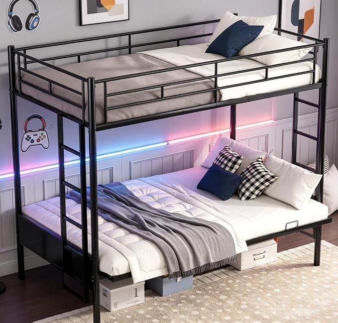 Bellemave Twin Over Futon bunk Bed, loft beds with futon, Twin Over Full Futon bunk beds, Black