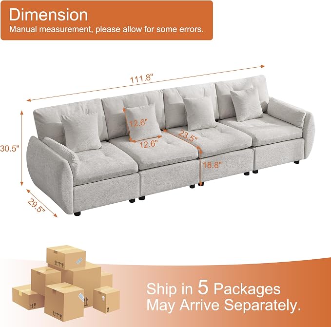 112" Oversized Modular Cloud Sofa, Deep Seat Tufted Chenille 4-Seater Sectional Couch with Curved Arms, Comfy Sofas for Living Room, Light Grey