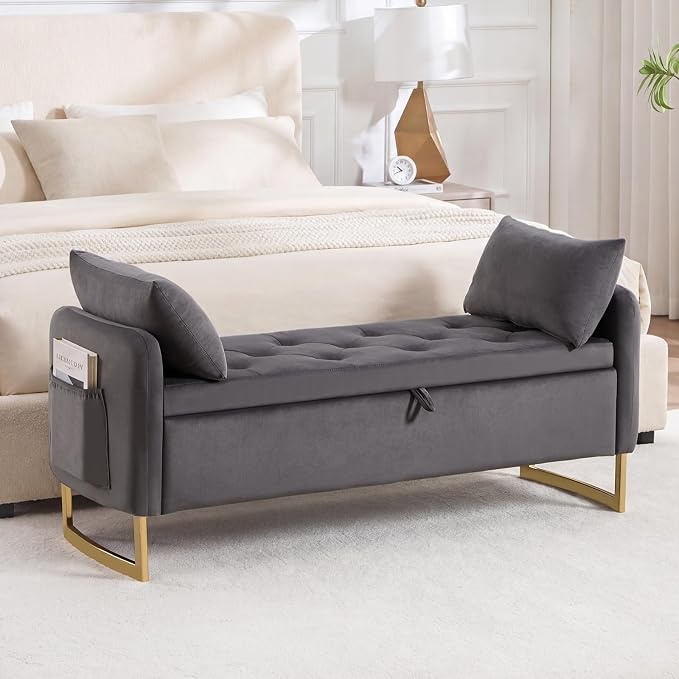 48" End of Bed Bench, Modern Storage Benches with Button-Tufted, Velvet Upholstered Storage Ottoman Bench for Foot of Bed with Arms, Gold Legs Window and Entryway, Dark Grey