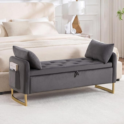 48" End of Bed Bench, Modern Storage Benches with Button-Tufted, Velvet Upholstered Storage Ottoman Bench for Foot of Bed with Arms, Gold Legs Window and Entryway, Dark Grey