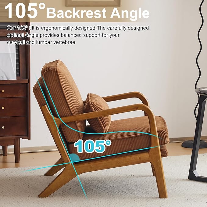 Karl home Mid-Century Modern Accent Reading Chair, Brown | Corduroy Upholstered, Solid Wood Frame, Soft Cushion, Lumbar Pillow, Lounge Armchair for Living Room, Bedroom, Balcony, Study