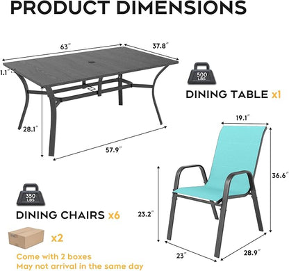 Outdoor Dining Set for 6, 7pcs Patio Table and Chairs Set with Adjustable Umbrella Hole,Heavy Duty 63”x37.8” Metal Dining Table and Stackable Patio Chair for Yard, Garden, Porch