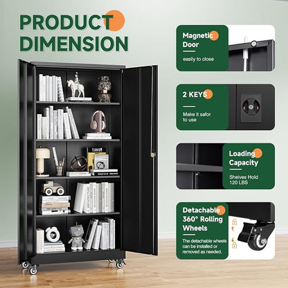 Letaya Metal Garage Storage Cabinets with Wheels,Steel Tool Cabinets Lock Door and Adjustable Shelves for Home,Office,Warehouse Organisieren (Black, 75" H)