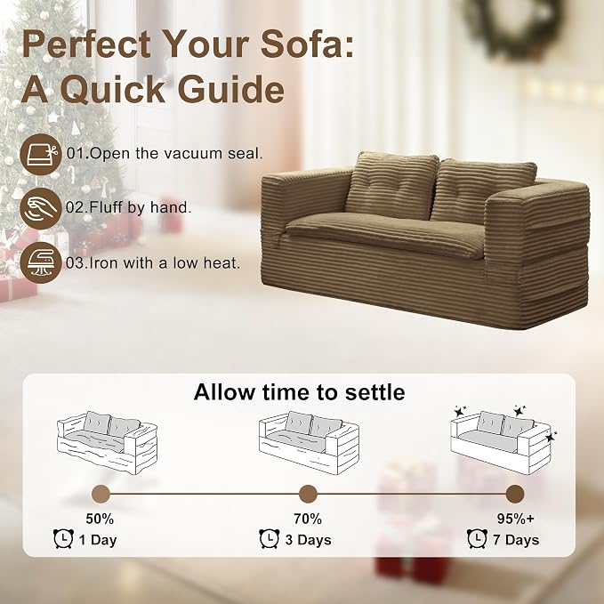 80'' Futon Sofa Bed, King Size Foldable Sleeper Sofa, Corduroy Boneless Loveseat Couch with Chaise Lounge, 3 Pillows, Blanket, Upholstered Sectional Couches for Living Room, Bedroom, Camel