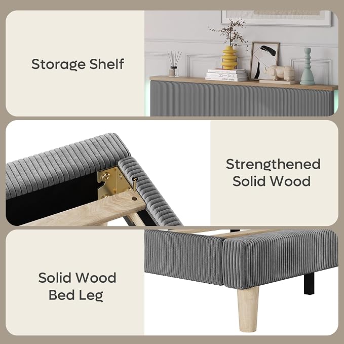 Bestier Queen Bed Frame with Adjustable Headboard & LEDLighting, Corduroy Upholstered Platform Bed Frame withStorage Shelf, Solid Wood Slats, No Box Spring Needed,Never Squeak, Easy Assembly, Grey